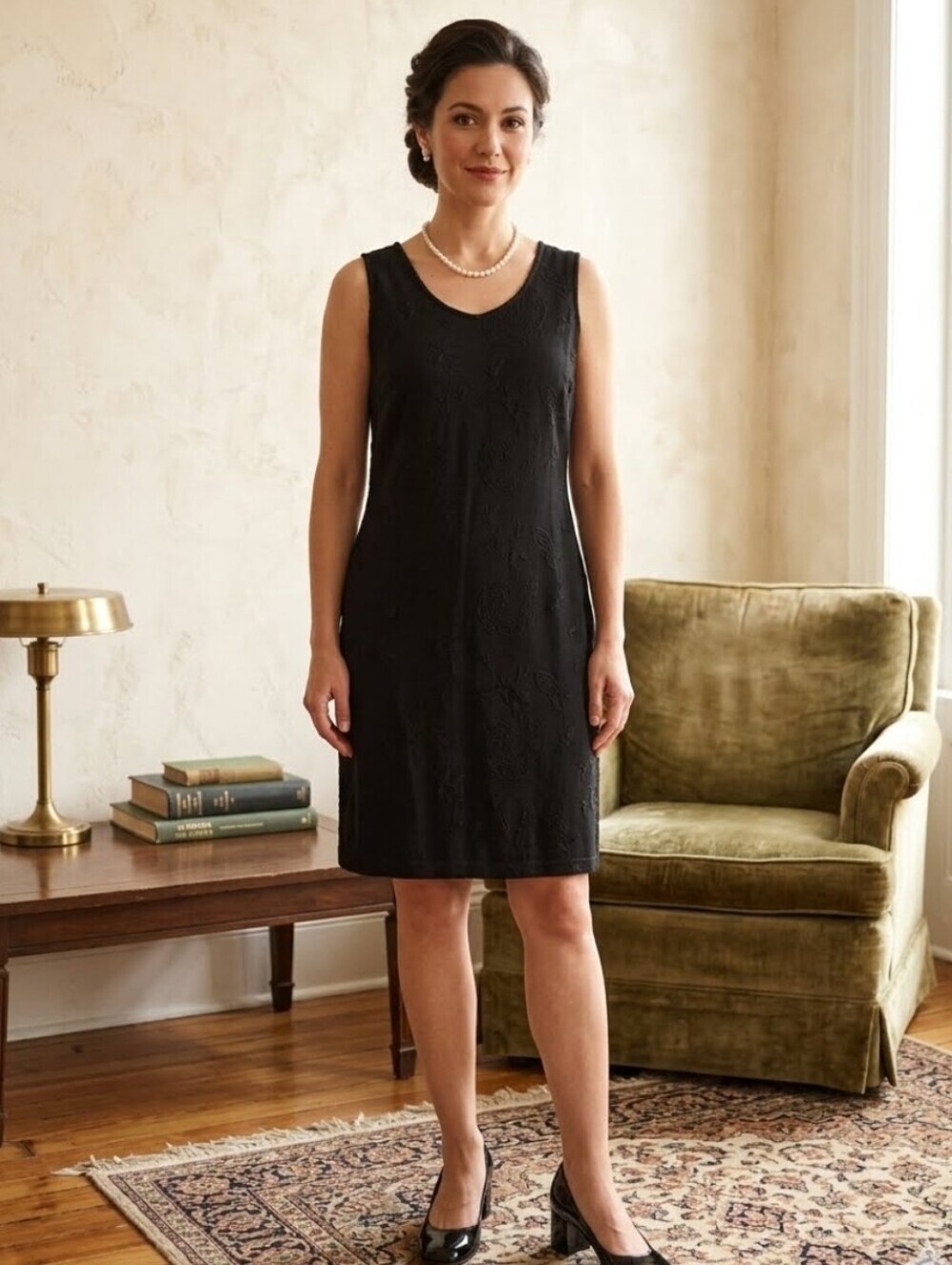 Jessica Howard VTG 90's Black Linen Embroidered Petite Button Back Dress, Small